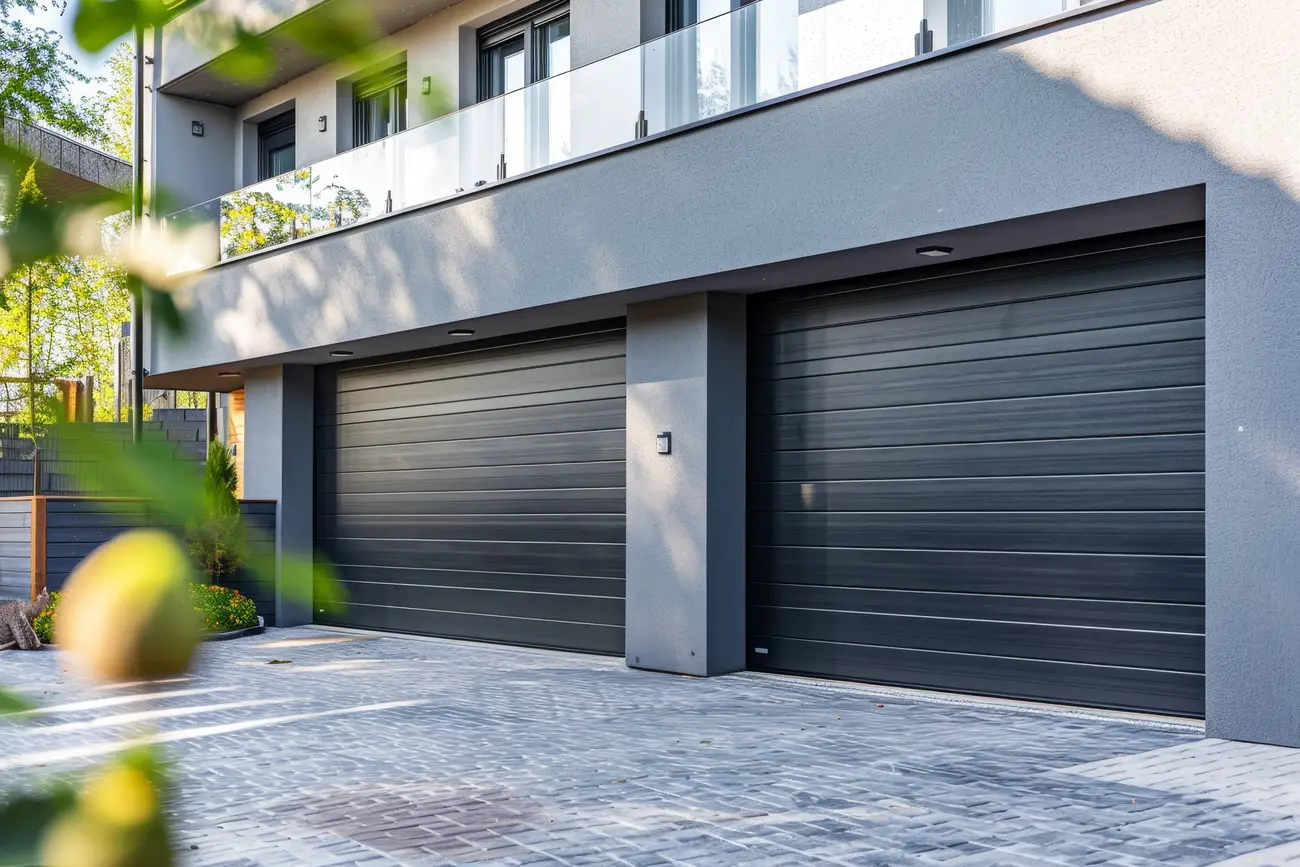 Garage Door Buying Tips to Boost Security and Style A detailed view of a two-car garage at a modern home. The garage doors are sleek and stylish, adding to the overall aesthetic of the house
