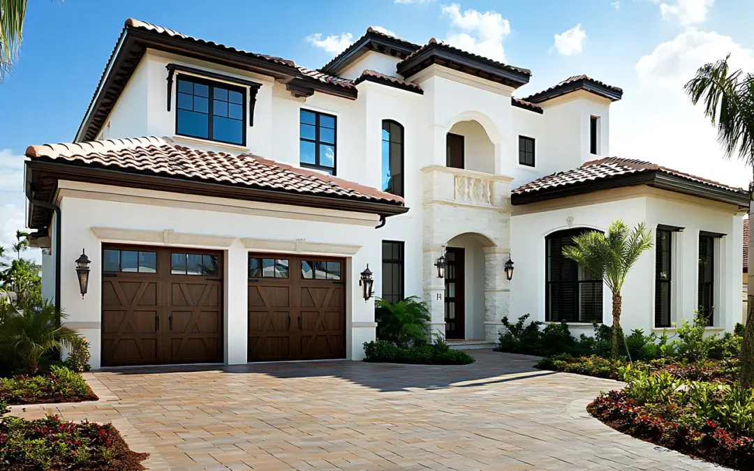 A beautiful modern two-story house with white walls and dark wood accents, a large garage door, and a paver driveway in Miami, Florida