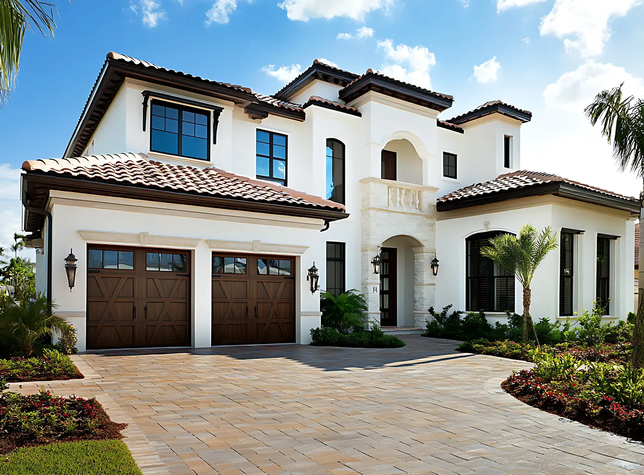 A beautiful modern two-story house with white walls and dark wood accents, a large garage door, and a paver driveway in Miami, Florida