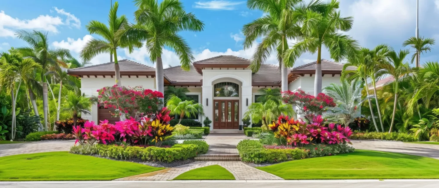 Enhance Your Home's Appeal with a New Entry Door Facade of a beautiful house with a gorgeous front entry door and florida garden of palm trees, short grass and tropical plants