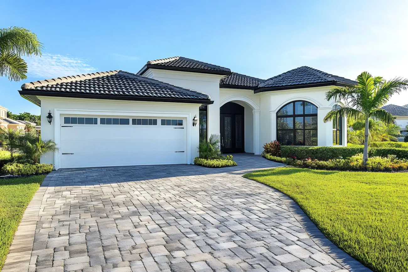 Modern white house with tile roof and paver driveway with white garage door exhibiting curb appeal