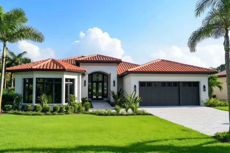 Luxurious Mediterranean-Style Home with black garage door and beautiful entry door