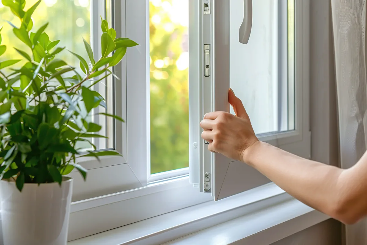 pvc-window-installation New plastic PVC window with white metal frame installed at modern house, view of blurred green trees, blue sky. Typical installation of insulated glazing windows with uPVC window frames.