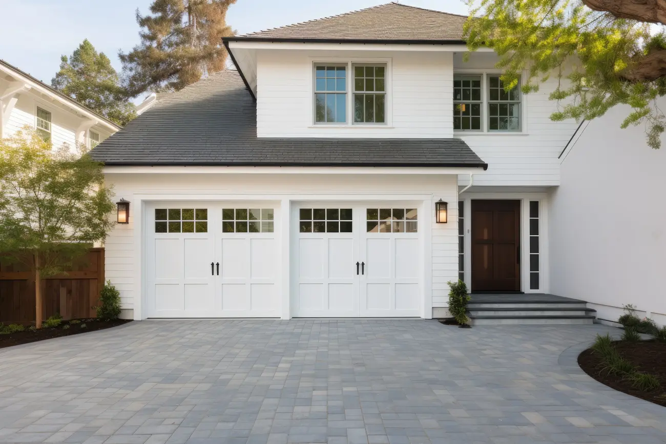 Modern two-story house with white exterior, double garage doors, and a paved driveway in front. Steps lead to a dark wooden entry door with sidelights. Trees and landscaping surround the home, highlighting its stylish window installation.