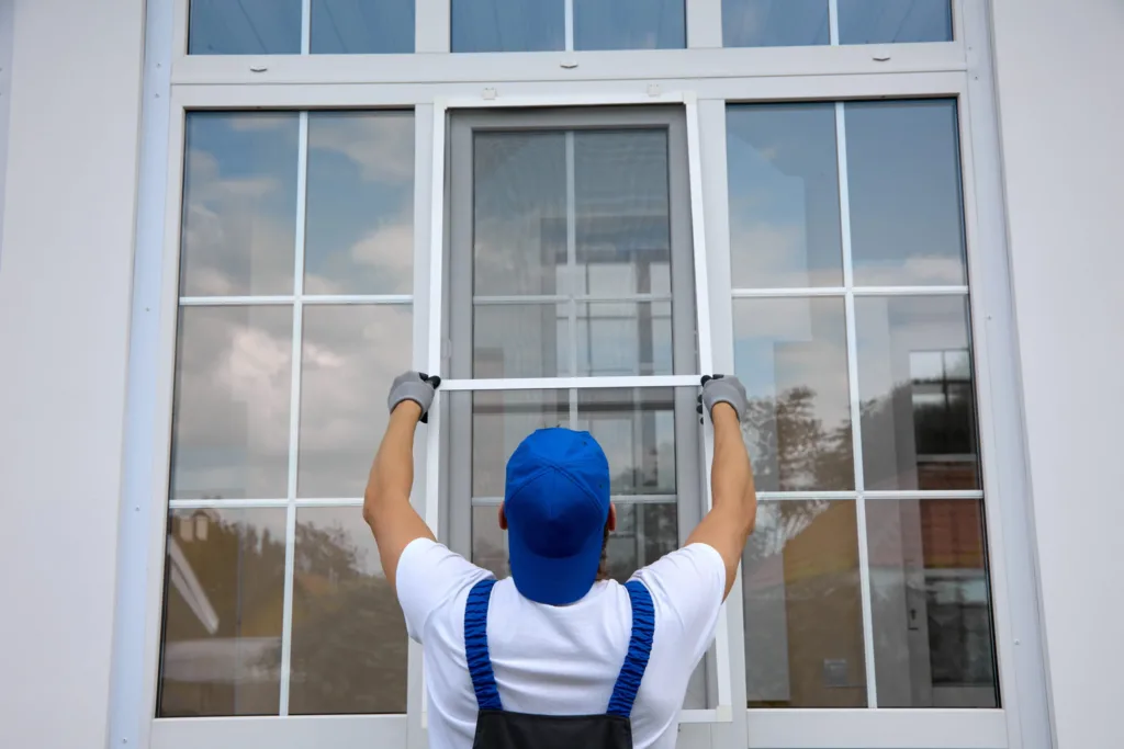 Boost Comfort and Curb Appeal with Expert Window Services Background of blue-cap worker installing a mosquito net on large plastic window outside the building in summer. Professional installation of an additional insect net on window