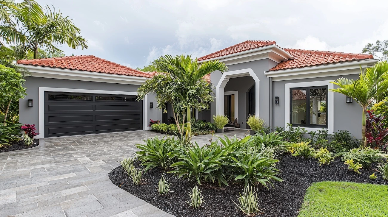 florida-home-blk-garage Modern home with tropical landscaping.