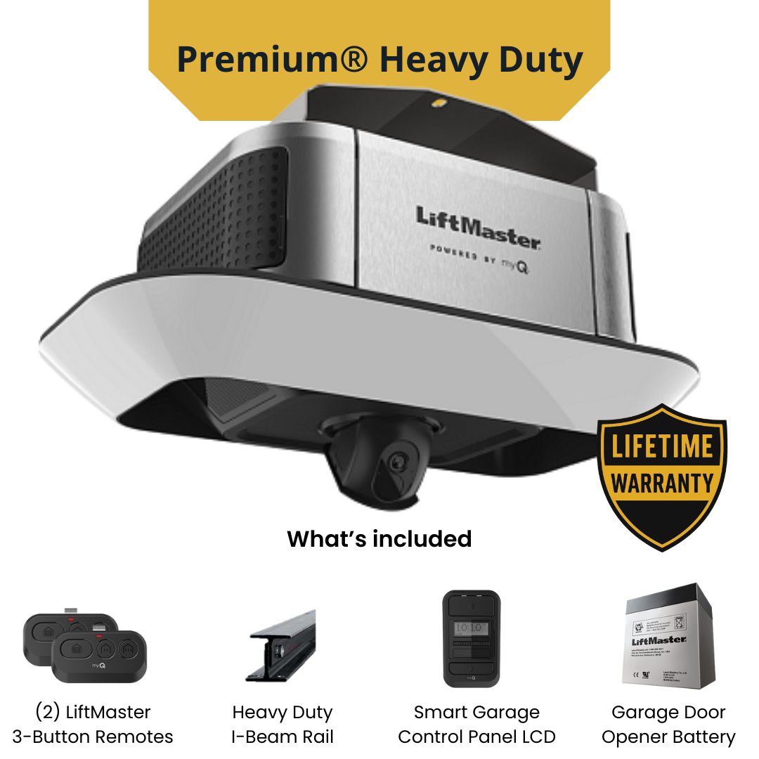 LiftMaster 4690L premium heavy duty garage door opener with camera, heavy duty I-beam rail, remotes, and battery backup