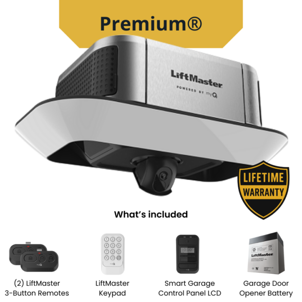 liftmaster 6690l premium garage door opener with camera, keypad, remotes, and battery backup