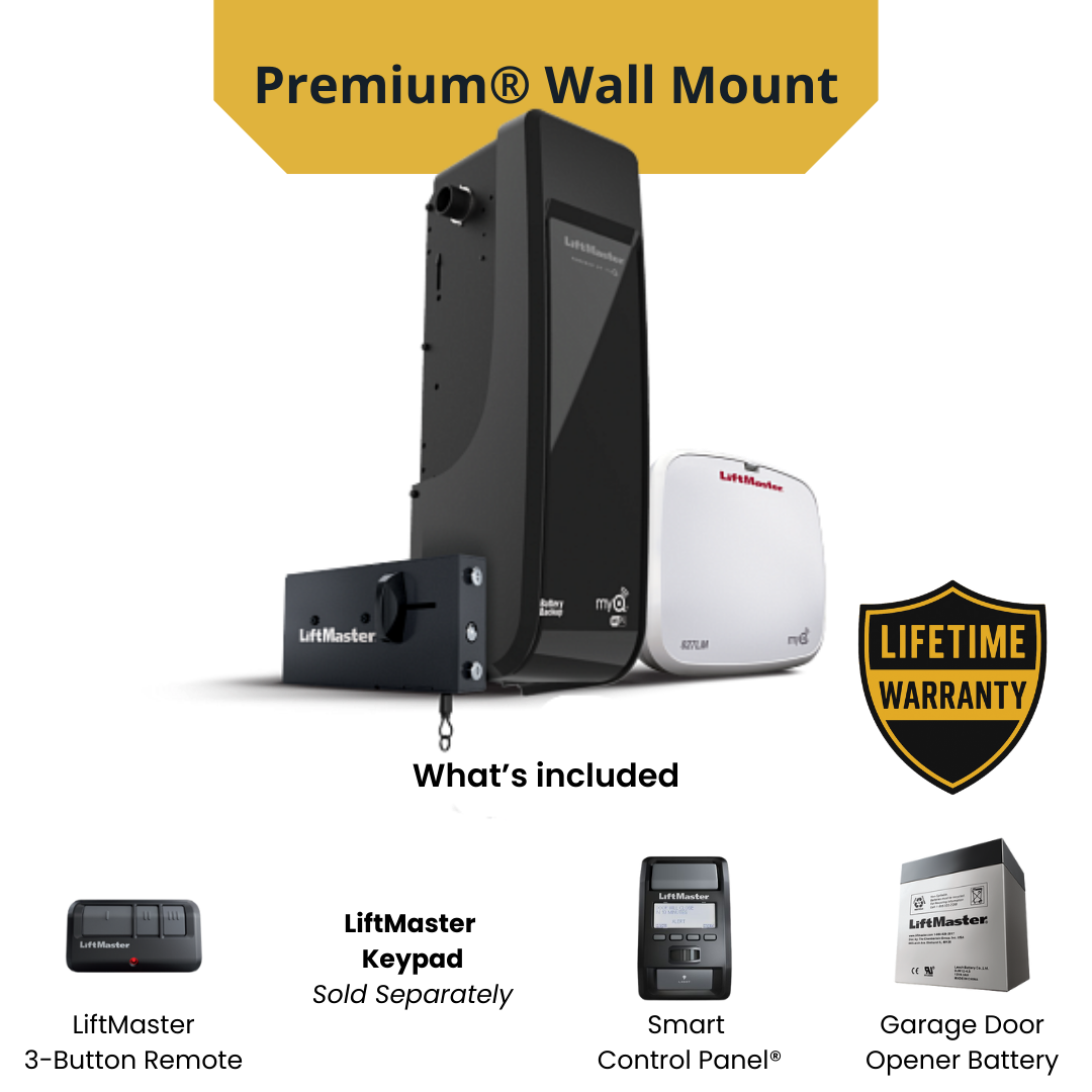 LiftMaster 98022 premium wall mount garage door opener with auto lock, remote LED light, remote, and battery backup