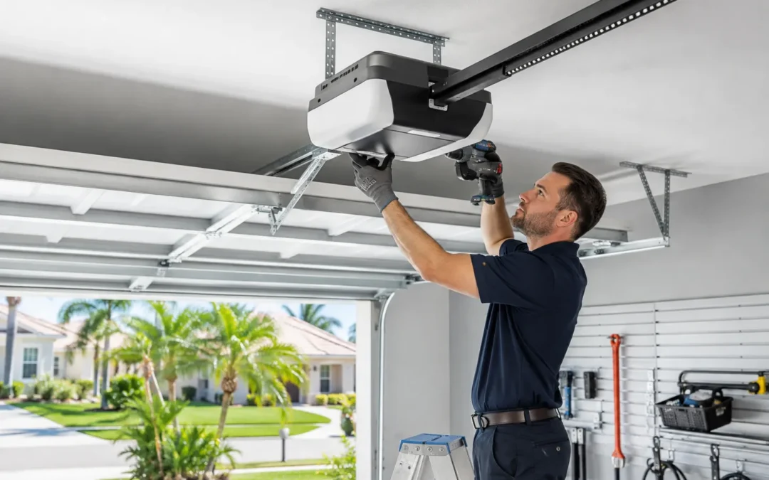 man installing a garage door opener