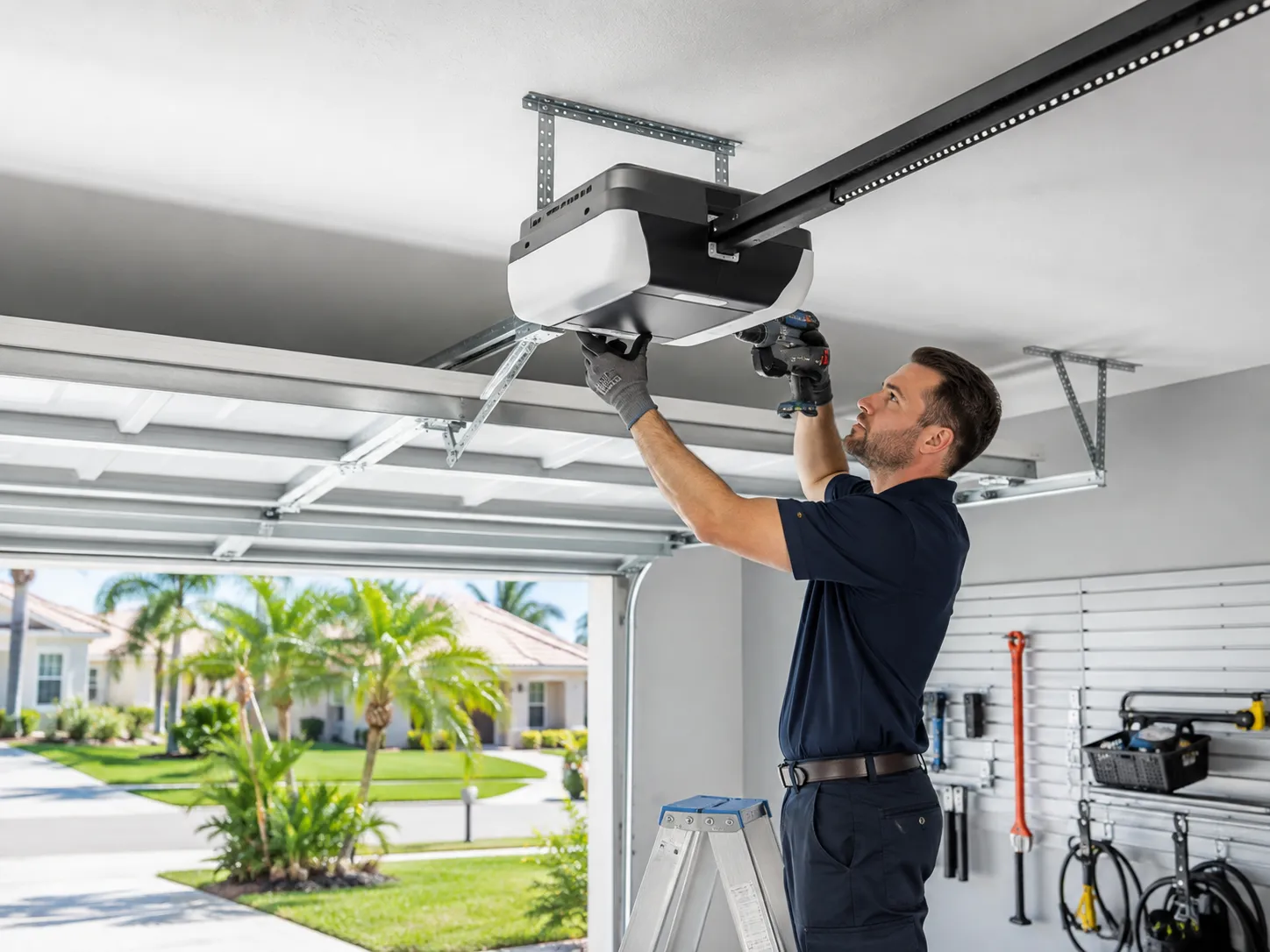 garage-door-opener-installation-the-door-doctor man installing a garage door opener